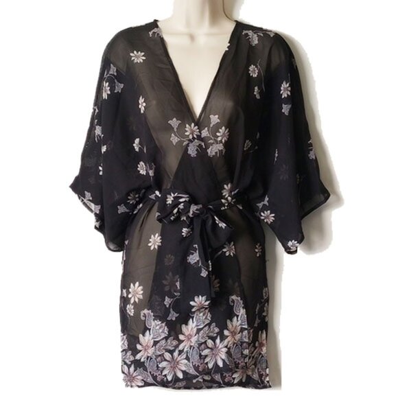 Lularoe Short Sheer Wrap Robe S Belted Black Floral - Picture 1 of 4